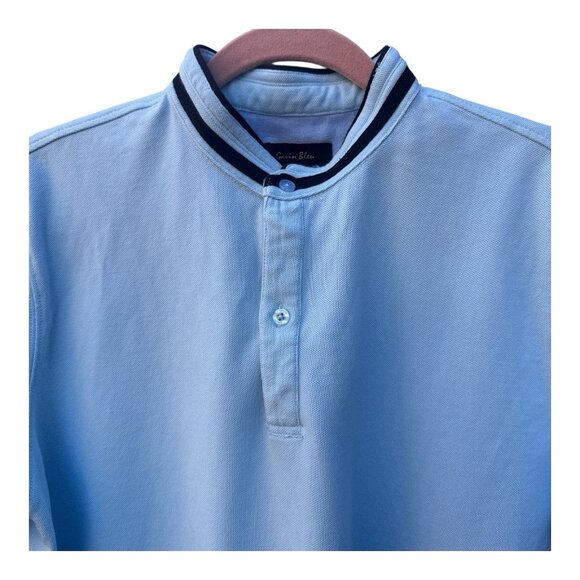Gavin Bleu Mens Polo Shirt L Blue Short Sleeve Band Collar Button Placket Casual - Picture 2 of 11